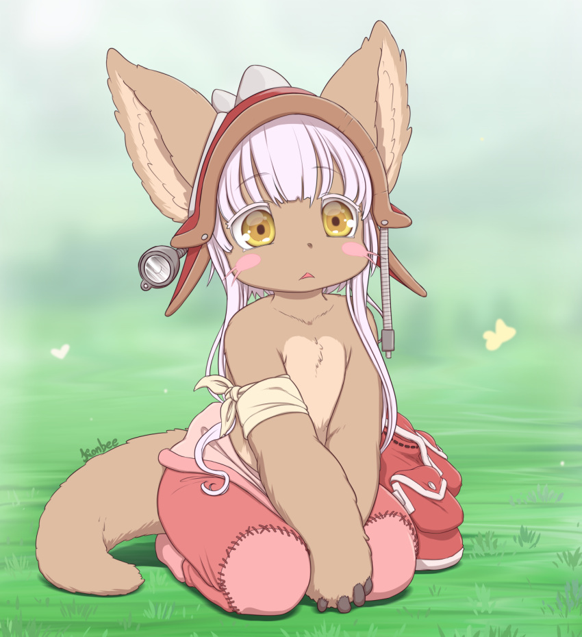 1girl animal_ears animal_hands bag_removed brown_eyes ears_through_headwear flat_chest furry furry_female grey_hair hat highres kionant looking_at_viewer made_in_abyss narehate on_grass original pants parted_lips pink_pants signature sitting solo