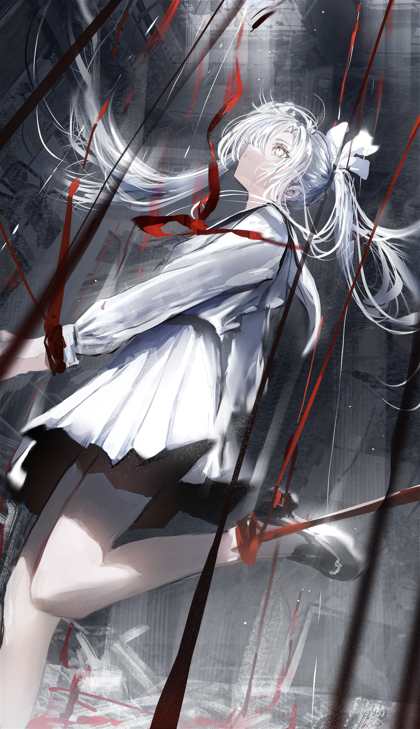 1girl abstract_background absurdres bare_legs black_footwear bound bow commentary foot_out_of_frame grey_background hair_bow highres leg_up loafers long_hair looking_up nanaponi original pleated_skirt red_ribbon ribbon sailor_collar school_uniform serafuku shirt shoes skirt solo tied_up_(nonsexual) twintails white_bow white_eyes white_hair white_sailor_collar white_shirt white_skirt