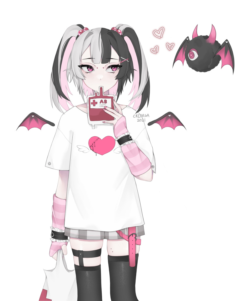 1girl absurdres angel_wings bat bat_wings black_hair blood blood_bag bracelet crierga drink drinking_blood drinking_straw fingerless_gloves garter_straps gloves halo heart highres indie_virtual_youtuber jewelry looking_to_the_side multicolored_hair nail_polish pale_skin pink_eyes pink_hair shiara shirt solo split-color_hair striped striped_gloves thigh-highs twintails vampire virtual_youtuber white_hair white_shirt wings