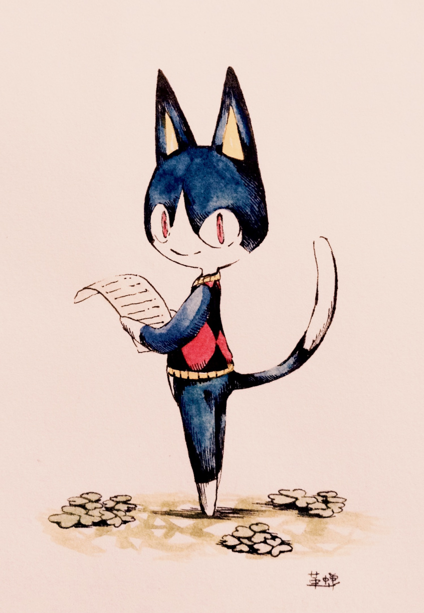 1boy animal_crossing animal_ears aozukikawasemi argyle argyle_sweater_vest artist_name cat_boy cat_ears cat_tail closed_mouth commentary_request full_body furry hatching_(texture) highres holding holding_paper linear_hatching looking_at_viewer looking_back male_focus multiple_sources paper red_eyes red_sweater_vest rover_(animal_crossing) signature simple_background slit_pupils smile solo standing sweater_vest tail traditional_media white_background
