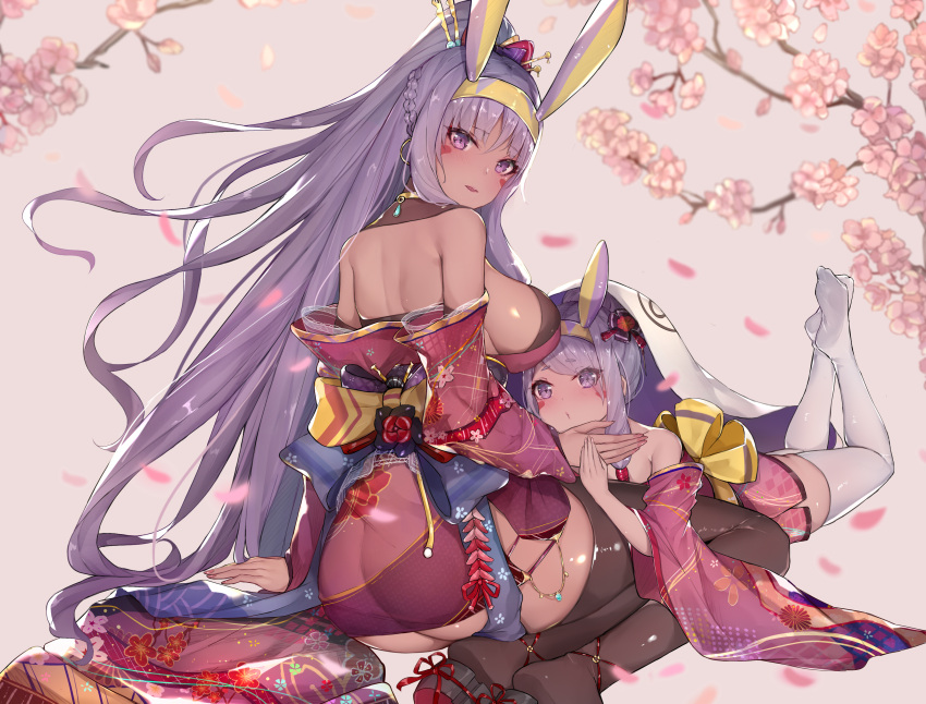 2girls absurdres animal_ears ass back bangs bare_shoulders black_legwear blush braid breasts cherry_blossoms commentary_request dark-skinned_female dark_skin dual_persona earrings egyptian facepaint facial_mark fate/grand_order fate_(series) floral_print french_braid hair_tubes headband high_ponytail highres hoop_earrings jackal_ears japanese_clothes jewelry kimono large_breasts long_hair long_sleeves looking_at_viewer looking_back multiple_girls nitocris_(fate) obi off_shoulder open_mouth purple_hair purple_kimono revision sash sherryqq sidelocks thigh-highs thighs violet_eyes white_legwear wide_sleeves younger