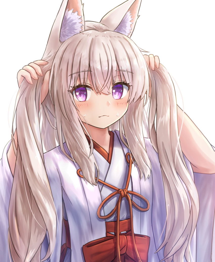 1girl absurdres animal_ear_fluff animal_ears bangs blush bow brown_hair bunching_hair closed_mouth commentary_request eyebrows_visible_through_hair fox_ears fox_girl hair_between_eyes hands_up highres iroha_(iroha_matsurika) japanese_clothes kimono koyoi_(iroha_(iroha_matsurika)) looking_at_viewer miko original red_bow simple_background solo sweat two_side_up upper_body violet_eyes white_background white_kimono