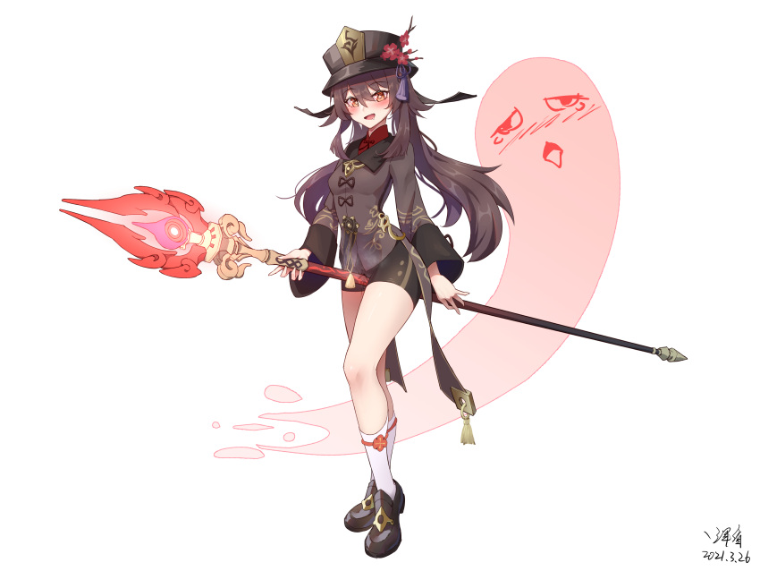 1girl absurdres black_shorts blush breasts brown_hair collared_shirt dated flower-shaped_pupils genshin_impact ghost highres holding holding_weapon hu_tao_(genshin_impact) hundun_no_bifang long_hair looking_at_viewer open_mouth shirt shoes shorts sidelocks simple_background small_breasts socks solo staff_of_homa_(genshin_impact) standing symbol-shaped_pupils tailcoat twintails weapon white_background