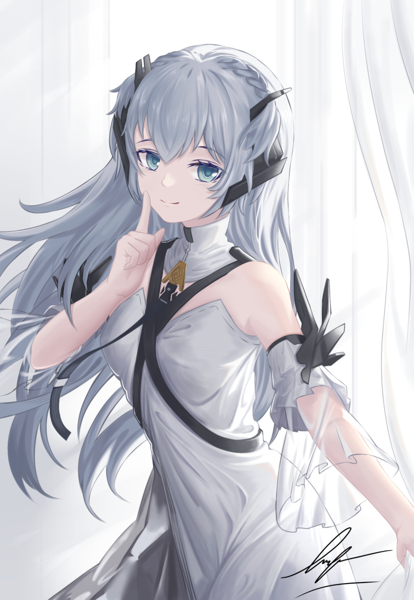 1girl artist_name bangs blue_eyes braid breasts character_request closed_mouth dress eyebrows_visible_through_hair finger_to_cheek girls'_frontline_neural_cloud girls_frontline highres light_blue_hair long_hair looking_at_viewer simple_background small_breasts smile solo standing unitaka white_dress