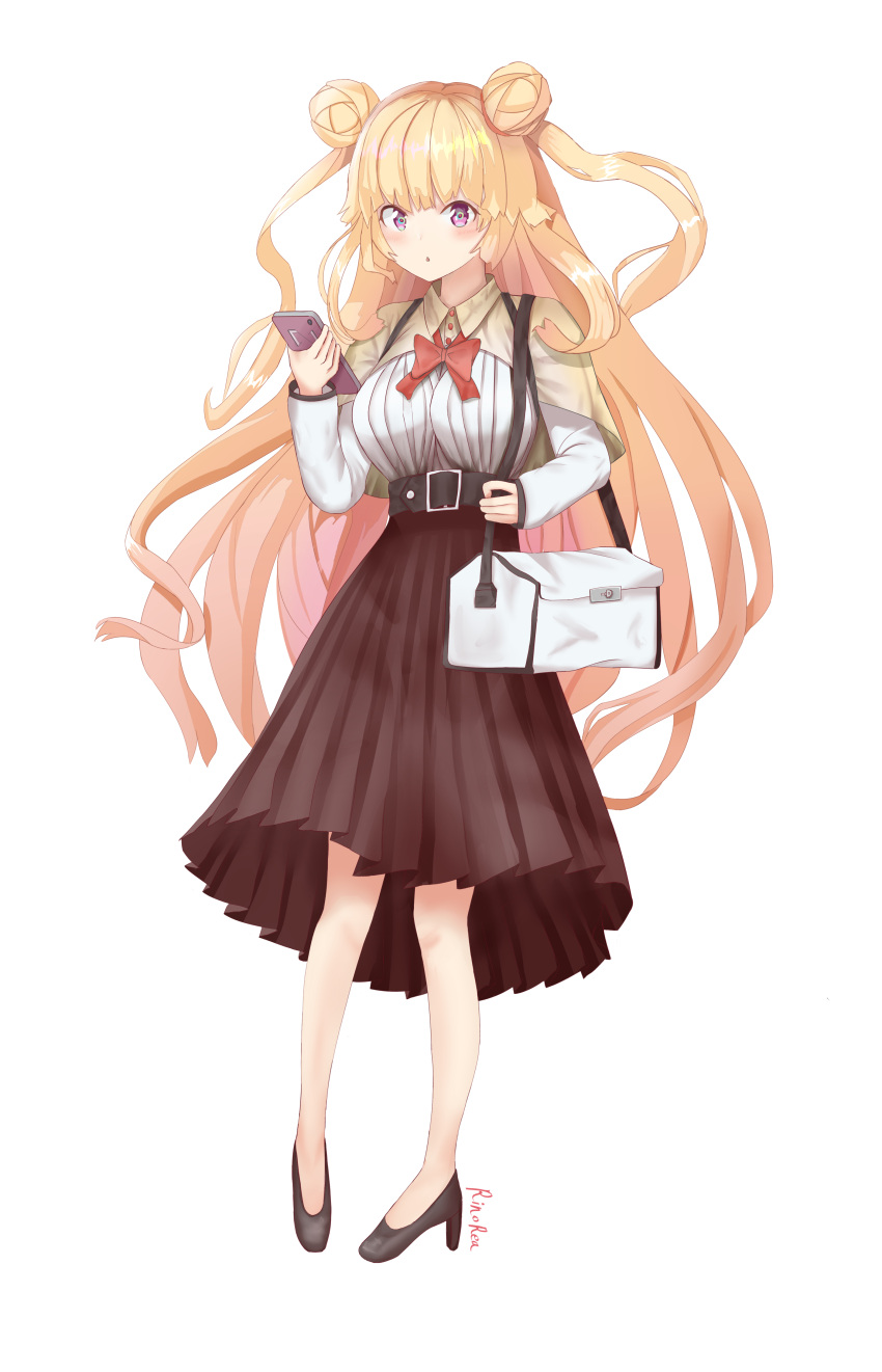 1girl :o absurdres bag bangs belt black_footwear blonde_hair blush bow bowtie breasts brown_skirt casual cellphone double_bun eyebrows_visible_through_hair full_body girls_frontline high_heels highres hk23_(girls'_frontline) holding holding_bag holding_phone long_hair looking_at_viewer medium_breasts open_mouth phone red_bow red_bowtie ryn_(rinorea) shirt skirt smartphone solo standing violet_eyes white_background white_bag white_shirt