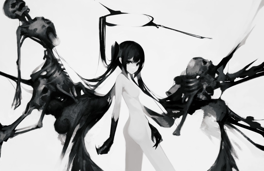 1girl 2others absurdres black_eyes black_hair black_skin colored_skin commentary cowboy_shot expressionless gyup halo highres horror_(theme) limited_palette looking_at_viewer multiple_others nude original skeleton symbol-only_commentary tagme twintails