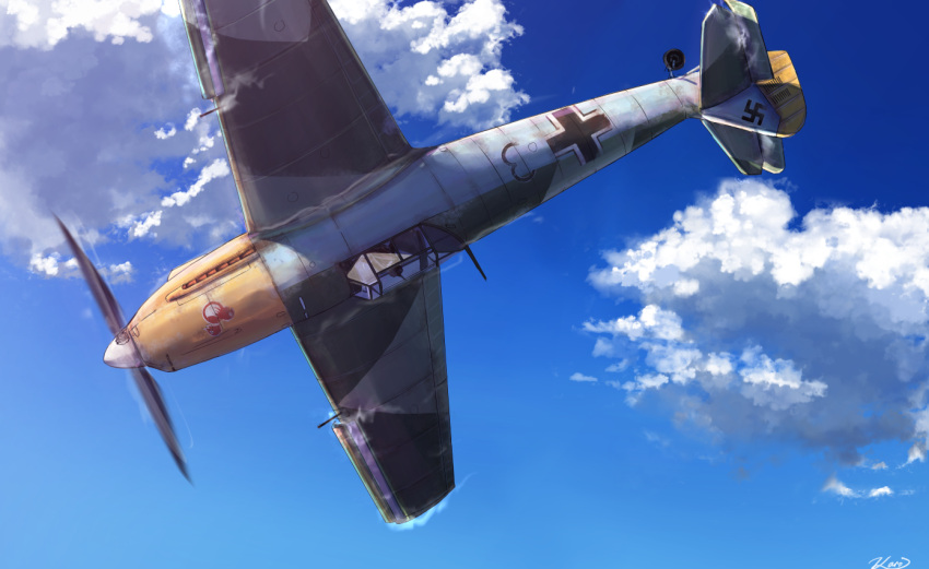 aircraft airplane bf_109 bf_109_e4_(ash_arms) clip_studio_paint_(medium) clouds cloudy_sky commentary_request karo-chan military morning no_humans original outdoors sky world_war_ii