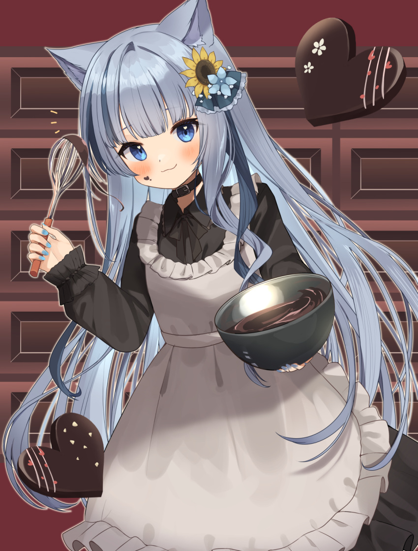 1girl :3 animal_ear_fluff animal_ears apron bangs belt_collar black_choker black_dress blue_eyes blue_hair blue_nails blunt_bangs blush bowl candy cat_ears cat_girl character_request chocolate chocolate_on_face choker collar collared_dress commission cowboy_shot curly_hair dress eyebrows_visible_through_hair eyes_visible_through_hair flower food food_on_face goma_(u_p) hair_flower hair_ornament hair_over_shoulder hand_up heart heart-shaped_chocolate highres holding holding_bowl holding_whisk long_dress long_hair long_sleeves looking_at_viewer nail_polish outline shiny shiny_hair skeb_commission solo standing sunflower_hair_ornament very_long_hair virtual_youtuber whisk white_apron white_outline