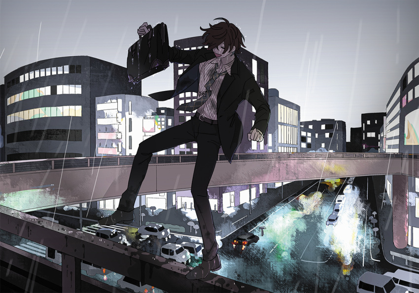 0tiyo 1boy black_footwear black_jacket black_pants briefcase brown_hair building car character_request city closed_eyes commentary_request formal full_body green_necktie grey_sky ground_vehicle holding holding_briefcase hypnosis_mic imminent_suicide jacket long_sleeves male_focus motor_vehicle necktie open_mouth outdoors pants pedestrian_bridge road shirt short_hair smile solo_focus standing standing_on_one_leg street striped striped_shirt suit suit_jacket white_shirt