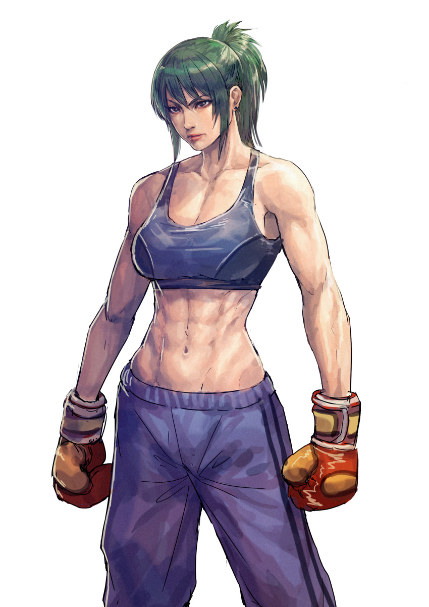 1girl abs absurdres armpit_peek bangs bare_shoulders black_eyes blue_tank_top boxing_gloves breasts cirenk collarbone crop_top ear_piercing green_hair highres large_breasts midriff navel original pants piercing ponytail purple_pants serious simple_background solo tank_top tomboy toned track_pants white_background