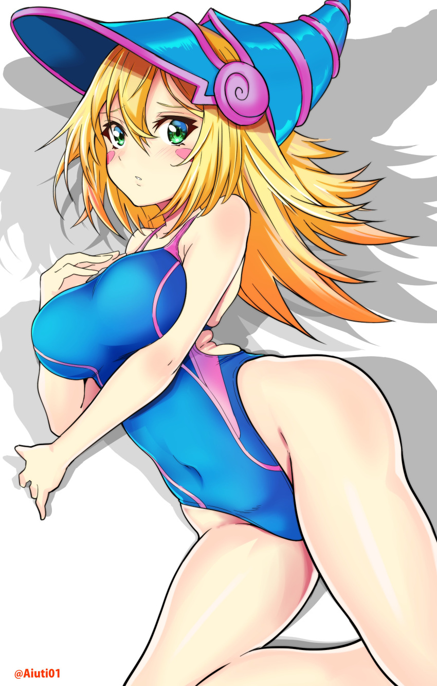 1girl absurdres aiuti blonde_hair blue_hair blue_swimsuit blush_stickers breasts competition_swimsuit covered_navel cowboy_shot dark_magician_girl green_eyes groin hat highres large_breasts long_hair one-piece_swimsuit solo swimsuit twitter_username white_background wizard_hat yu-gi-oh!