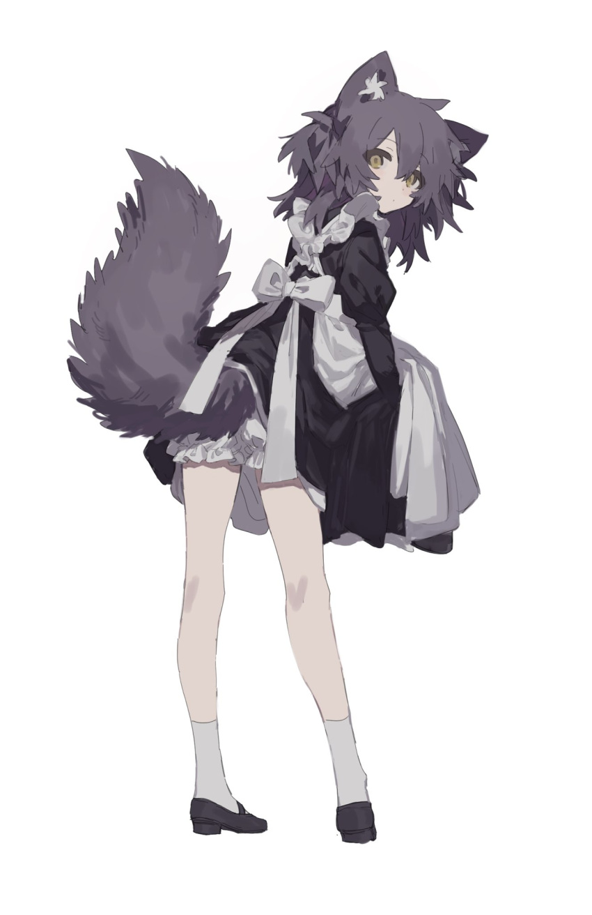 1girl animal_ear_fluff animal_ears apron black_dress black_footwear black_hair bloomers brown_eyes closed_mouth copyright_request dress from_behind full_body highres juliet_sleeves long_hair long_sleeves looking_at_viewer looking_back maid puffy_sleeves shishio_(sisiookun) shoes simple_background socks solo standing tail underwear white_apron white_background white_bloomers white_legwear