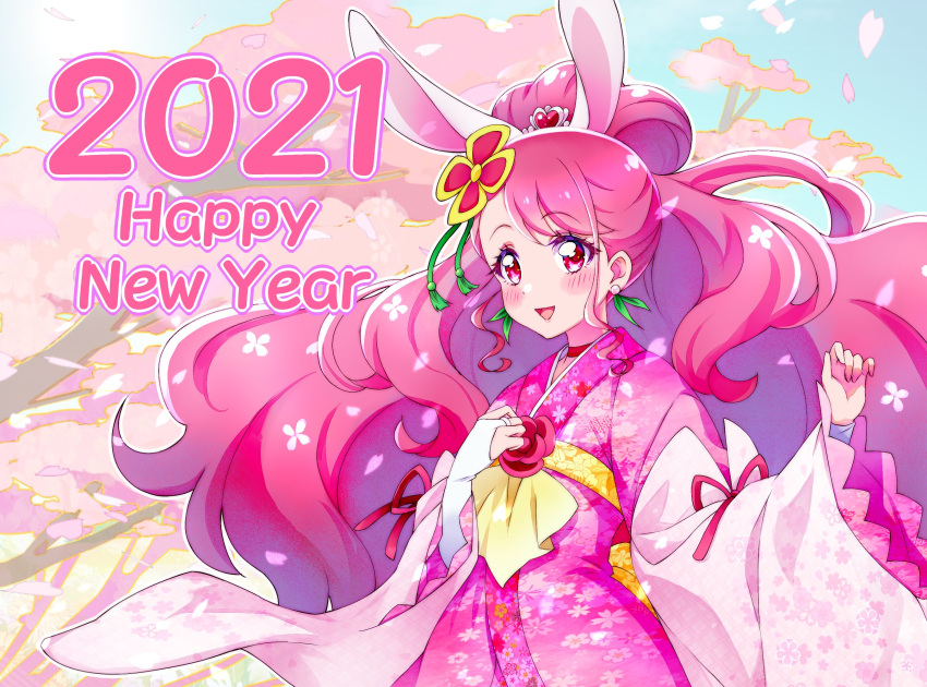 1girl 2021 :d alternate_costume animal_ears asymmetrical_bangs bangs blush commentary_request cure_grace cure_grace_(partner_form) detached_sleeves earrings english_text extra_ears eyebrows_visible_through_hair floating_hair hanadera_nodoka happy_new_year healin'_good_precure highres japanese_clothes jewelry kimono kyoutsuugengo long_hair long_sleeves new_year pink_hair pink_kimono precure rabbit_ears red_eyes red_ribbon ribbon ribbon-trimmed_sleeves ribbon_trim shiny shiny_hair smile solo spring_(season) standing very_long_hair white_sleeves wide_sleeves yukata