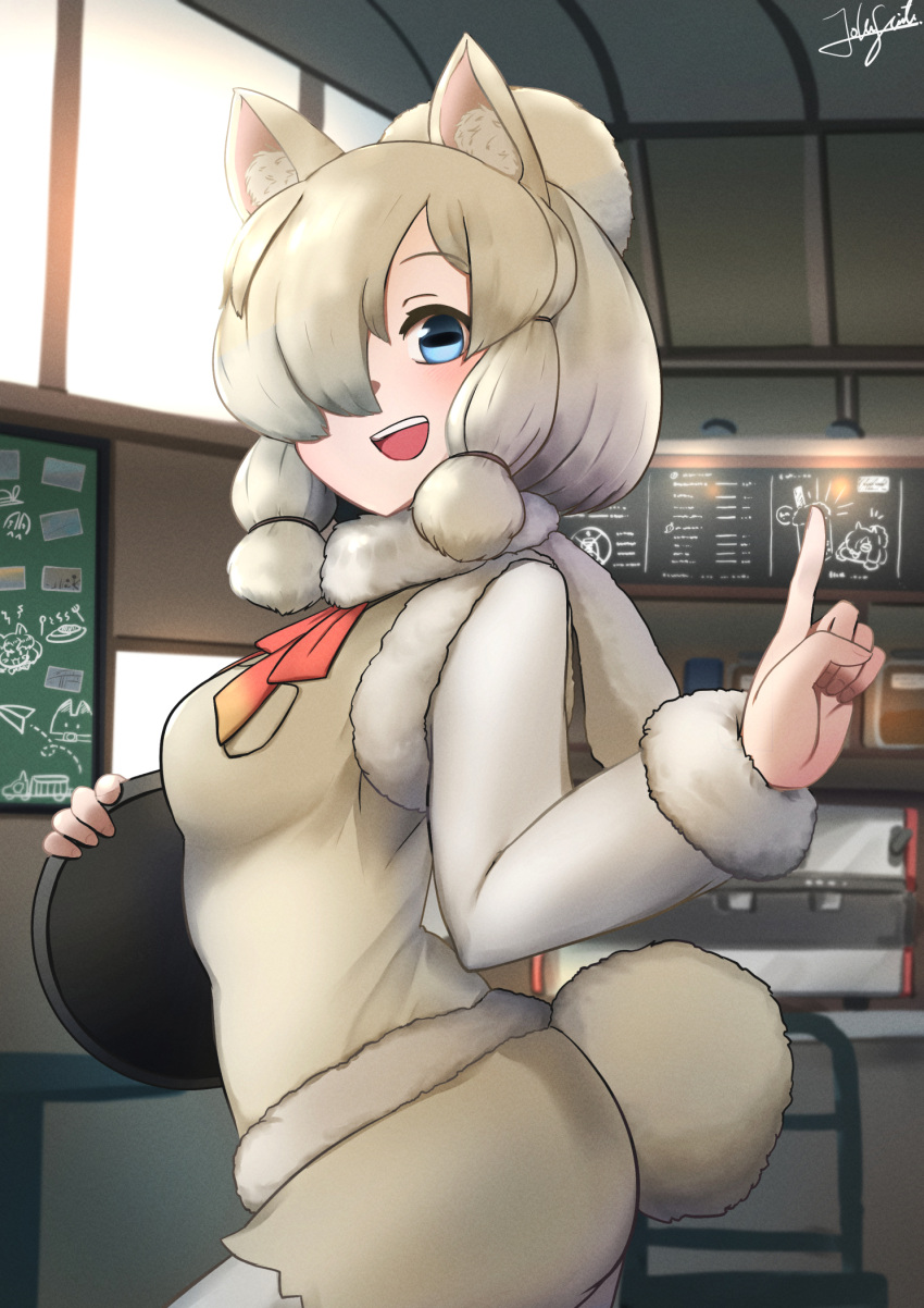 1girl alpaca_ears alpaca_girl alpaca_suri_(kemono_friends) alpaca_tail animal_ear_fluff animal_ears blonde_hair blue_eyes breast_pocket chalkboard commentary_request cowboy_shot eyebrows_visible_through_hair from_side fur-trimmed_sleeves fur_scarf fur_trim gradient_hair grey_hair hair_bun hair_over_one_eye hand_up highres holding holding_tray horizontal_pupils index_finger_raised indoors john_(a2556349) kemono_friends long_bangs long_sleeves looking_at_viewer medium_hair multicolored_hair open_mouth pocket scarf shorts smile solo sweater_vest tail tray two-tone_hair waitress