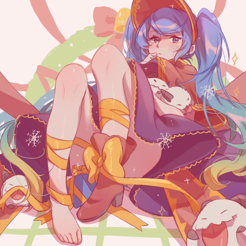 1girl bangs bare_legs blue_eyes blue_hair blush box commentary_request dress eyebrows_visible_through_hair gift gift_box gift_wrapping hair_between_eyes highres league_of_legends leaning_back leg_wrap long_hair looking_at_viewer multicolored_hair poro_(league_of_legends) purple_dress red_footwear red_headwear ruan_chen_yue shoes silent_night_sona single_shoe sitting solo sona_(league_of_legends) sona_buvelle twintails very_long_hair