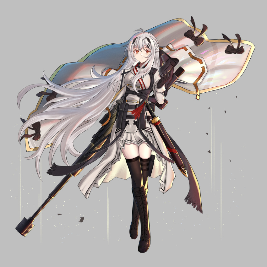 1girl ammunition_pouch arm_behind_back arm_up bangs black_footwear black_gloves black_legwear boots breasts cloak closed_mouth expressionless eyebrows_visible_through_hair full_body girls_frontline gloves gun hair_ornament hairclip handgun highres holding holding_gun holding_weapon holstered_weapon iws_2000_(girls'_frontline) long_hair medium_breasts mod3_(girls'_frontline) orange_eyes pistol pouch silver_hair simple_background skirt solo standing steyr_iws_2000 sword thigh-highs uniform unitaka weapon white_cloak white_skirt white_uniform