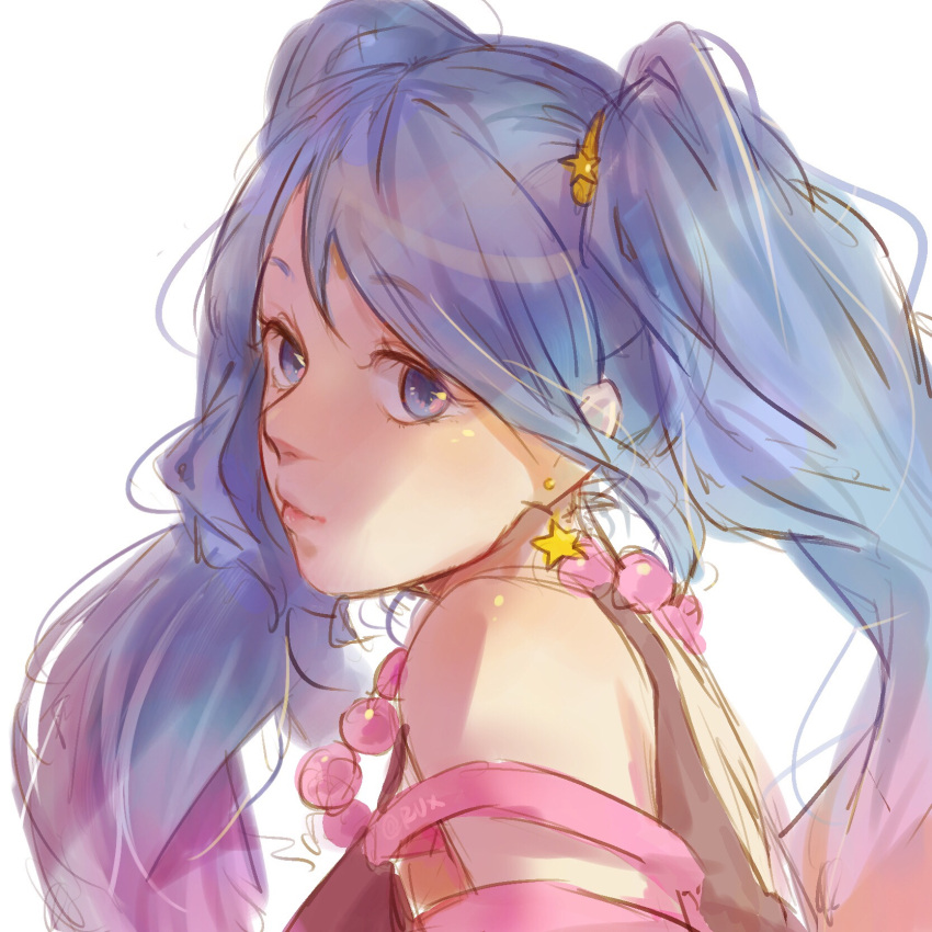 1girl arcade_sona bangs bare_shoulders bead_necklace beads blue_eyes blue_hair earrings eyebrows_visible_through_hair from_side hair_ornament highres jewelry league_of_legends long_hair looking_at_viewer necklace portrait ruan_chen_yue sketch smile solo sona_(league_of_legends) star_(symbol) star_earrings star_hair_ornament twintails