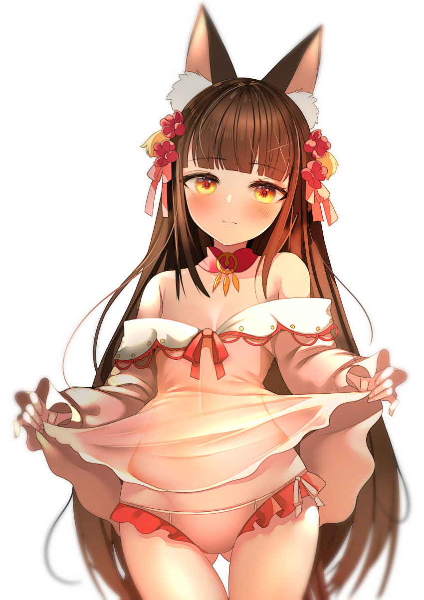 1girl absurdres alternate_costume animal_ear_fluff animal_ears ass_visible_through_thighs azur_lane bangs bare_legs bare_shoulders blunt_bangs breasts brown_hair clothes_lift commentary dress eyebrows_visible_through_hair flower fox_ears frilled_panties frills frown hair_flower hair_ornament head_tilt highres lifted_by_self light_blush long_hair looking_at_viewer nagato_(azur_lane) panties see-through simple_background skirt skirt_lift small_breasts solo standing thigh_gap uennn underwear very_long_hair white_background white_dress white_panties yellow_eyes