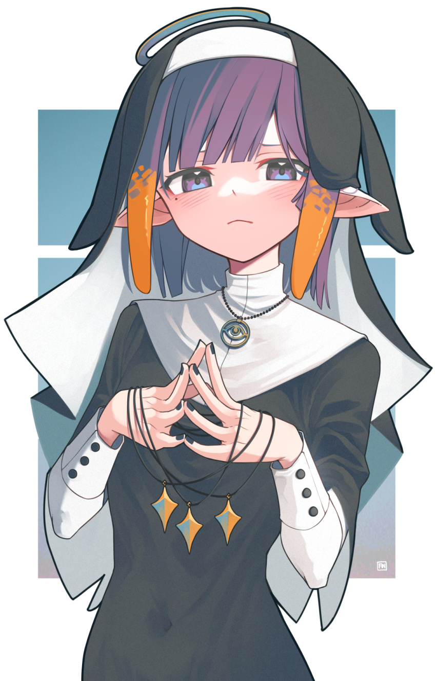 alternate_costume angry_num black_dress black_nails blush dress eyebrows_behind_hair frown habit halo head_tilt highres hololive hololive_english jewelry looking_at_viewer mole mole_under_eye necklace ninomae_ina'nis nun own_hands_together pointy_ears purple_hair short_hair upper_body violet_eyes virtual_youtuber