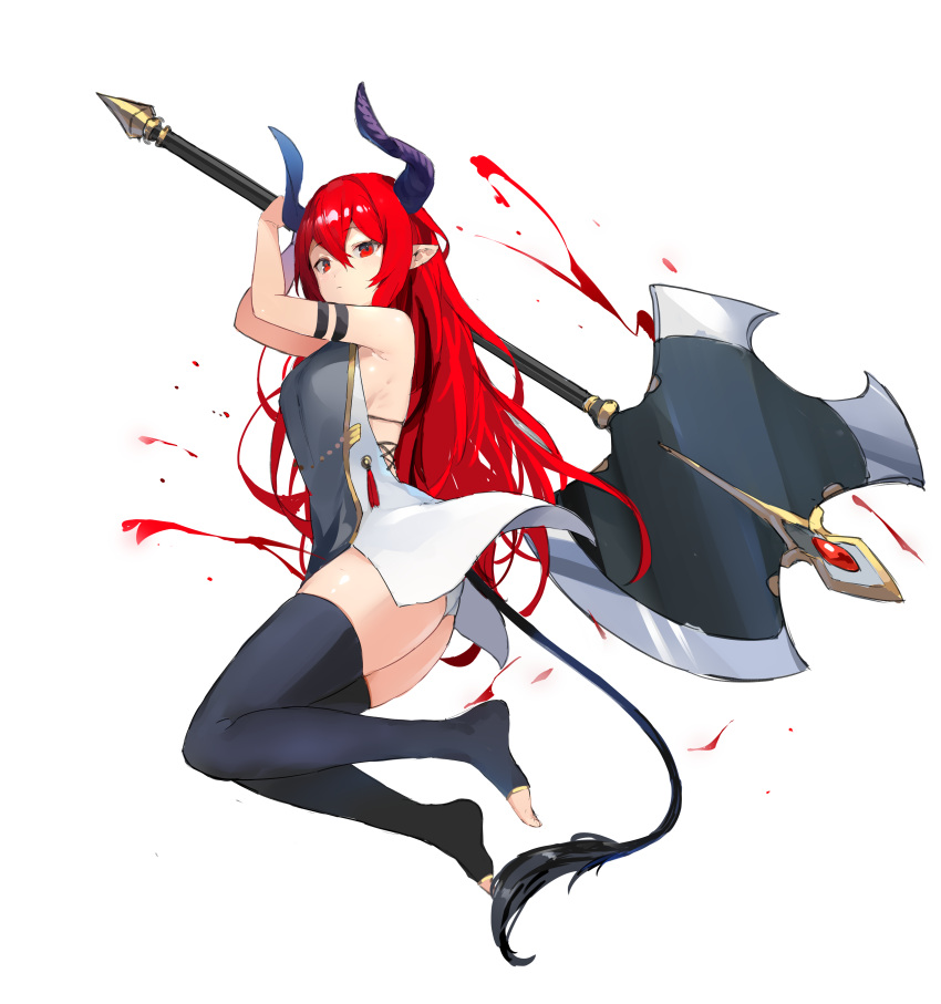 1girl absurdres axe bangs battle_axe blood breasts closed_mouth dress hair_between_eyes hands_up highres holding holding_axe holding_weapon horns jumping long_hair medium_breasts midair no_shoes original red_eyes redhead ryou_(ponpgo) simple_background solo tail thigh-highs toeless_legwear toeless_socks weapon white_background