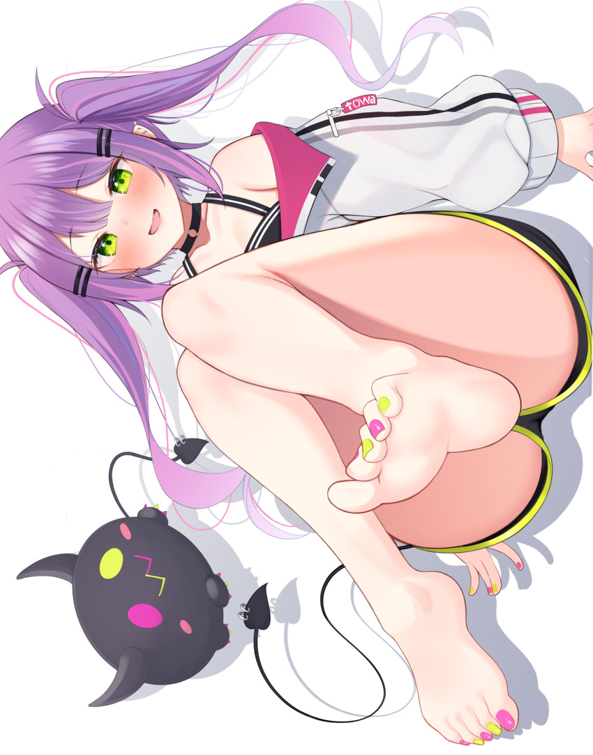 1girl :d absurdres bangs bare_legs barefoot bibi_(tokoyami_towa) black_shorts blush commentary demon_tail ear_piercing earrings eyebrows_visible_through_hair fang feet full_body green_eyes green_nails hair_ornament hairclip highres hololive jacket jewelry long_hair long_sleeves looking_at_viewer lying multicolored_hair multicolored_nails nail_polish off_shoulder on_back open_mouth piercing pink_hair purple_hair purple_nails short_shorts shorts simple_background smile soles solo suzutarou_gunsou tail tail_ornament tail_piercing toenail_polish toenails toes tokoyami_towa twintails two-tone_hair virtual_youtuber white_background white_jacket