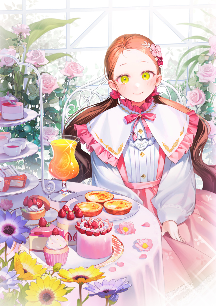 1girl absurdres bow brown_hair cake cake_slice character_request closed_mouth copyright_request cover cover_page dress flower food frills fruit green_eyes hair_flower hair_ornament highres korean_commentary low_twintails novel_cover on_(onon2659) on_chair orange_(fruit) orange_juice orange_slice petals plate ribbon rose shirt sitting smile solo strawberry twintails