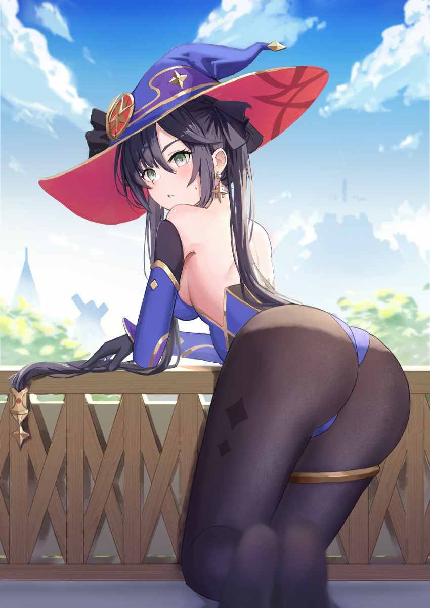 1girl ass bare_shoulders bent_over black_gloves black_legwear blue_headwear blue_leotard blue_sky blurry blurry_foreground blush clouds commentary_request day depth_of_field detached_sleeves earrings from_behind genshin_impact gloves green_eyes hair_ornament hair_ribbon hat highres jewelry large_hat leotard long_hair looking_at_viewer looking_back mona_(genshin_impact) nyanko960121 outdoors pantyhose parted_lips revision ribbon sky solo standing star_(symbol) star_earrings thighs twintails witch_hat