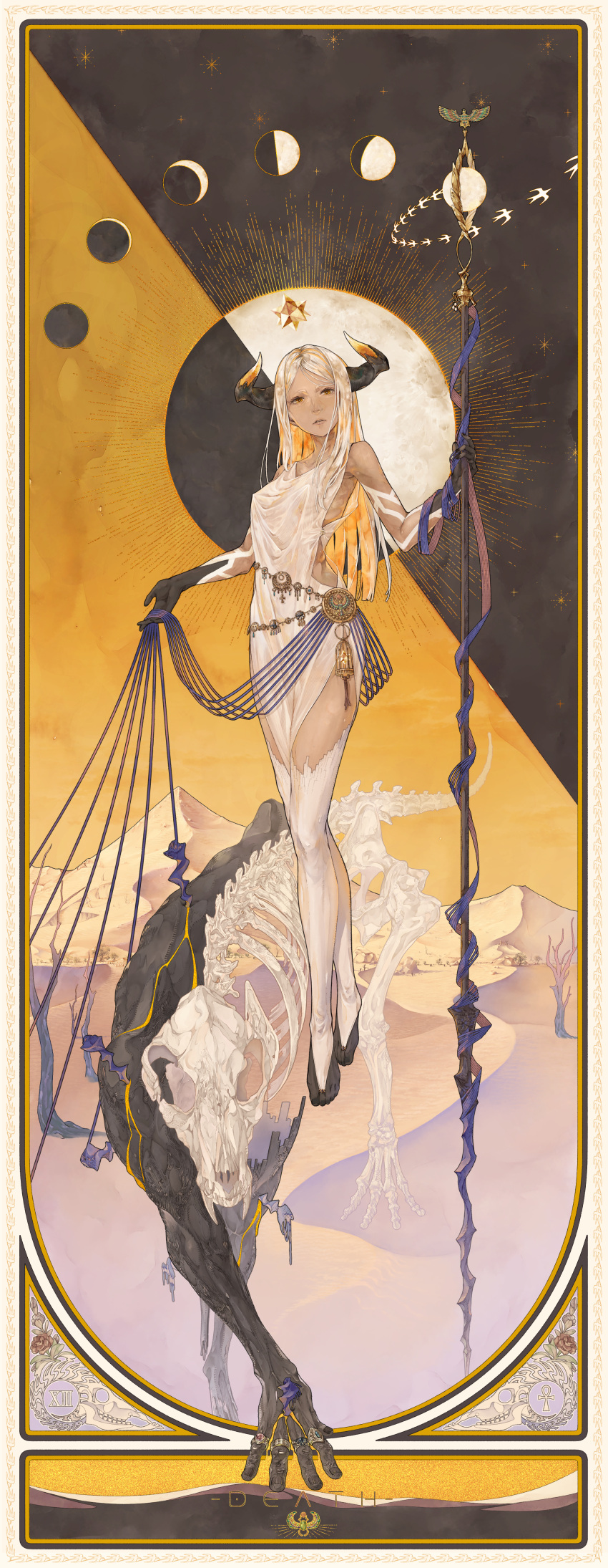 1girl absurdres arm_at_side bouno_satoshi card_(medium) death_(tarot) demon dress floating hand_up highres holding holding_staff horns long_hair looking_at_viewer midair monster original silver_hair skeleton skull solo staff tarot thigh-highs yellow_eyes