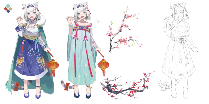 1girl absurdres animal_ears blue_eyes blush character_sheet cherry_blossoms chinese_zodiac flower hair_flower hair_ornament highres lantern looking_at_viewer medium_hair new_year open_mouth original ribbon simple_background smile standing tail tiger_ears tiger_girl tiger_tail white_background white_hair year_of_the_tiger yinghuahua