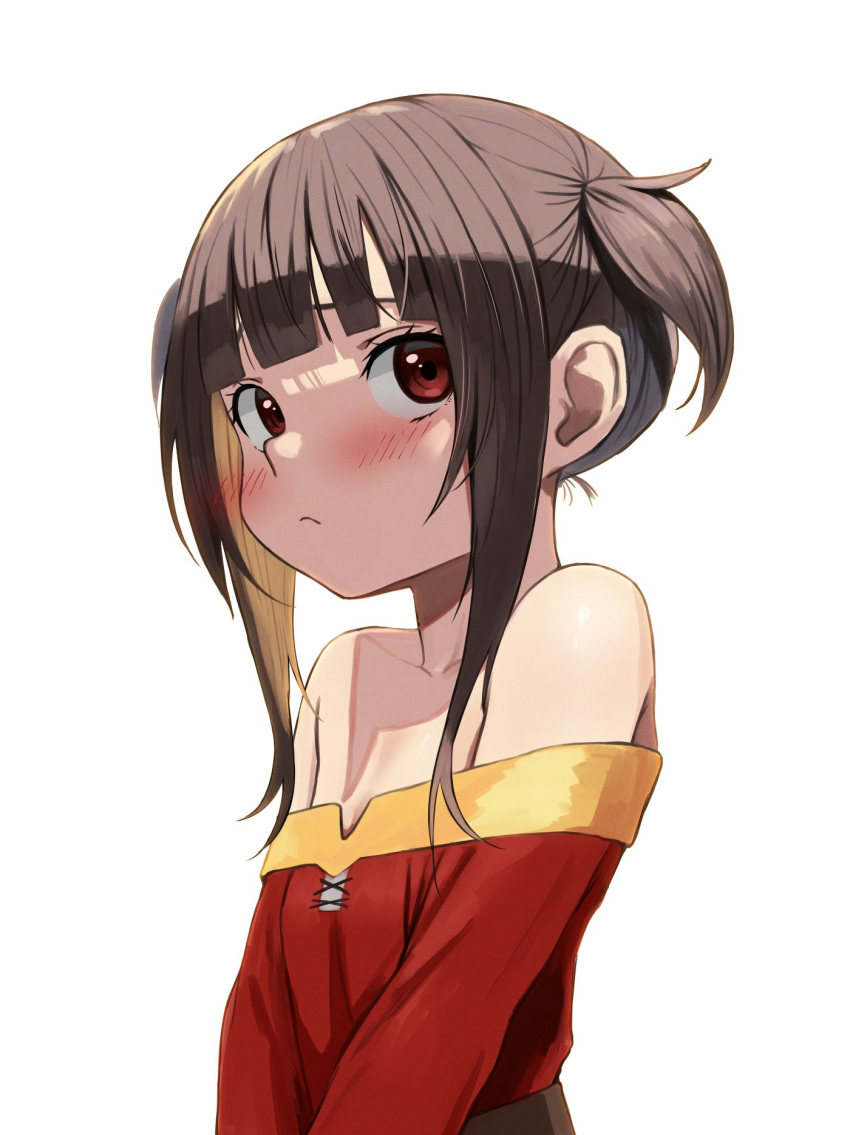 1girl alternate_hairstyle bangs bare_shoulders blush breasts collarbone dress frown highres izawa_koushi kono_subarashii_sekai_ni_shukufuku_wo! looking_at_viewer medium_hair megumin off-shoulder_dress off_shoulder red_dress red_eyes simple_background small_breasts solo twintails twintails_day white_background