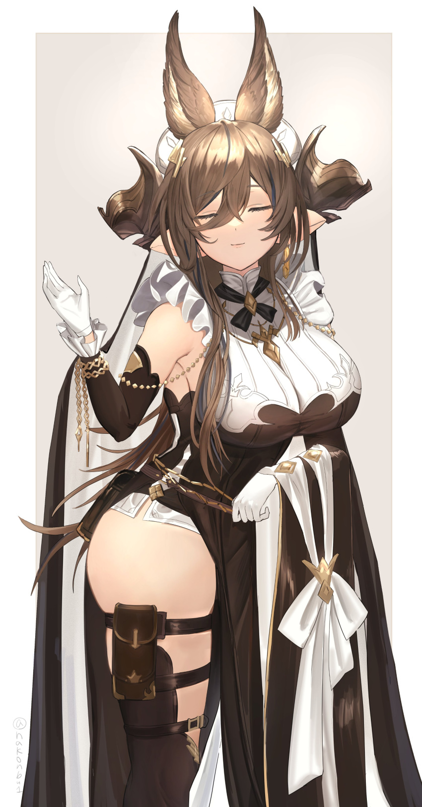 1girl absurdres animal_ears ass bangs bare_shoulders breasts brown_hair brown_legwear closed_eyes closed_mouth cowboy_shot detached_sleeves earrings extra_ears eyebrows_visible_through_hair fox_ears frills galleon_(granblue_fantasy) gloves granblue_fantasy hair_between_eyes highres horns jewelry large_breasts long_hair maid maid_headdress multicolored_hair nakonbu pointy_ears sidelocks skindentation smile solo standing streaked_hair thigh-highs thigh_strap twitter_username very_long_hair white_gloves