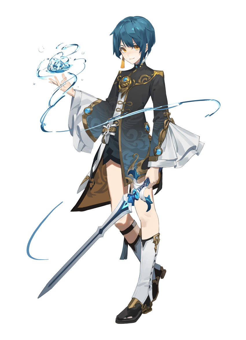 1boy absurdres bangs black_footwear black_shorts blue_shirt chinese_clothes closed_mouth dress earrings frilled_dress frills full_body genshin_impact highres holding holding_sword holding_weapon jewelry long_sleeves looking_at_viewer magic male_focus qortnrkt shirt shoes shorts sidelocks simple_background smile socks solo standing sword tassel tassel_earrings water weapon white_background white_legwear xingqiu_(genshin_impact) yellow_eyes