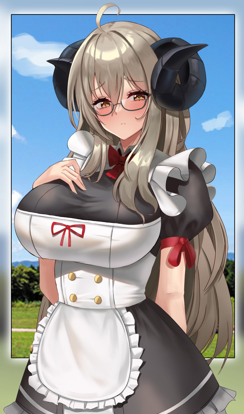 1girl absurdres ahoge apron bangs black_dress blue_sky blush breasts brown_eyes dress glasses grey_hair highres horns large_breasts long_hair looking_at_viewer maid onedoo original puffy_short_sleeves puffy_sleeves sheep_horns short_sleeves sky solo white_apron