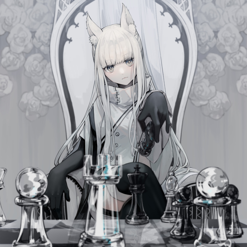 1girl absurdres animal_ear_fluff animal_ears arknights bangs bishop_(chess) black_gloves black_legwear blunt_bangs board_game chess chess_piece chessboard closed_mouth commentary_request crossed_legs elbow_gloves eyebrows_visible_through_hair gloves grey_eyes highres holding_chess_piece horse_ears jacket king_(chess) knight_(chess) long_hair looking_at_viewer miike_(992058) pawn_(chess) platinum_(arknights) rook_(chess) shorts silver_hair sitting solo thigh-highs white_jacket white_shorts