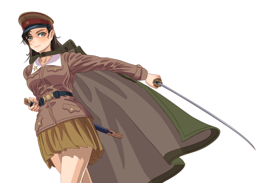 1girl adapted_costume asymmetrical_bangs bangs belt black_belt black_hair brown_cape brown_eyes brown_headwear brown_jacket cape chi-hatan_military_uniform closed_mouth commentary_request dutch_angle girls_und_panzer green_cape hat highres holding holding_sword holding_weapon jacket katana long_hair long_sleeves looking_at_viewer military military_hat military_uniform miniskirt nishi_kinuyo partial_commentary peaked_cap pleated_skirt scabbard sheath simple_background skirt smile solo standing star_(symbol) straight_hair sword tigern_(tigern28502735) two-sided_cape two-sided_fabric uniform unsheathed weapon white_background yellow_skirt