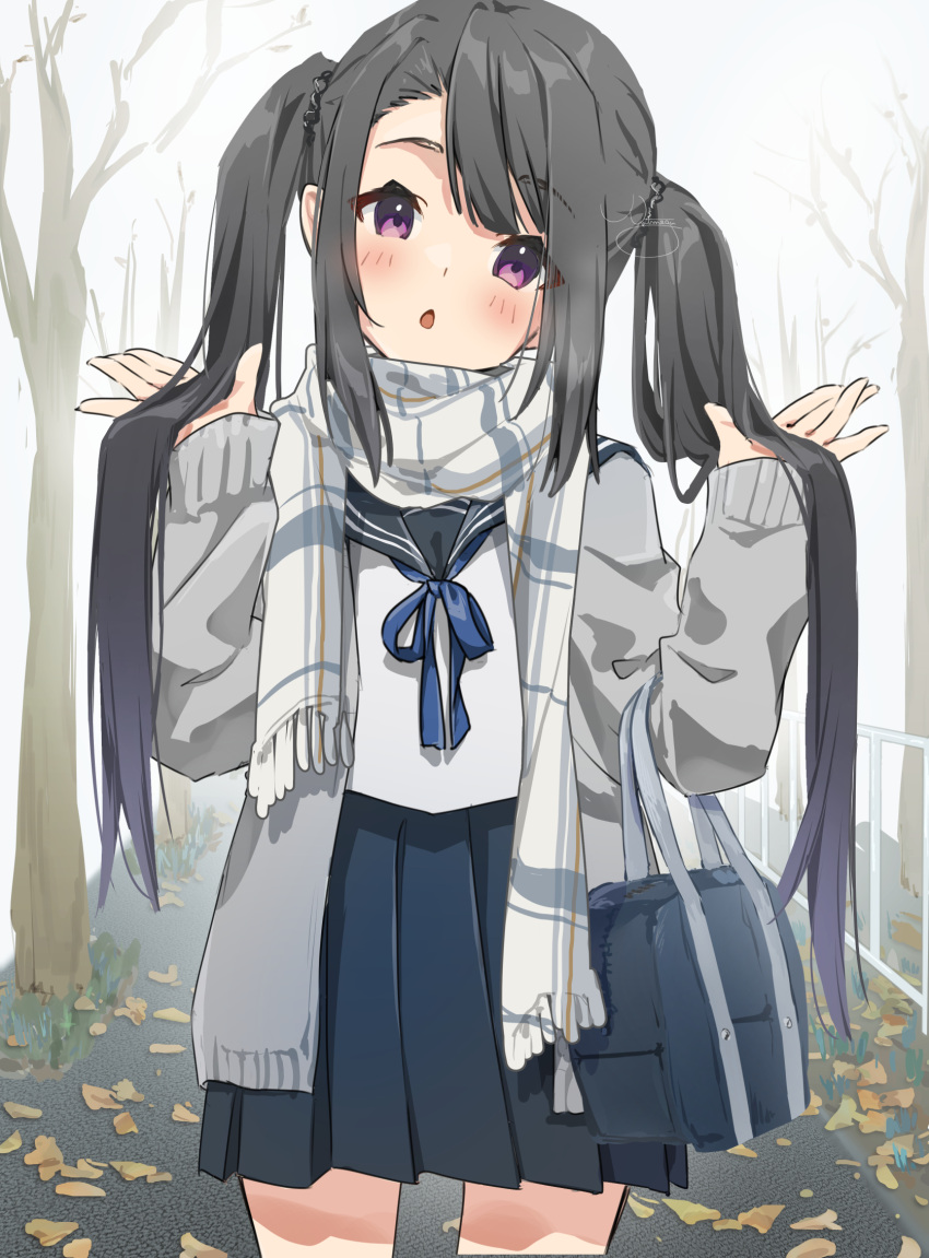 1girl bag bare_tree black_hair black_sailor_collar black_skirt blue_ribbon blush cardigan chestnut_mouth commentary_request cowboy_shot grey_cardigan hands_up head_tilt highres long_hair looking_at_viewer neck_ribbon nut_megu open_cardigan open_clothes original outdoors parted_lips pleated_skirt ribbon sailor_collar school_bag school_uniform serafuku shirt sidelocks skirt solo standing tree twintails very_long_hair violet_eyes white_shirt