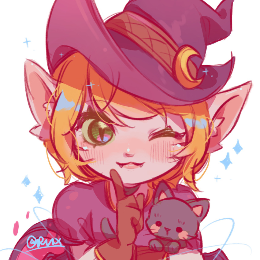 1girl animal bangs black_cat blonde_hair brown_gloves cat commentary_request crescent crescent_hat_ornament dress eyebrows_visible_through_hair fangs gloves green_eyes halloween hat_ornament highres holding league_of_legends lulu_(league_of_legends) one_eye_closed pointy_ears puffy_short_sleeves puffy_sleeves purple_headwear ruan_chen_yue short_hair short_sleeves signature slit_pupils smile solo upper_body yordle