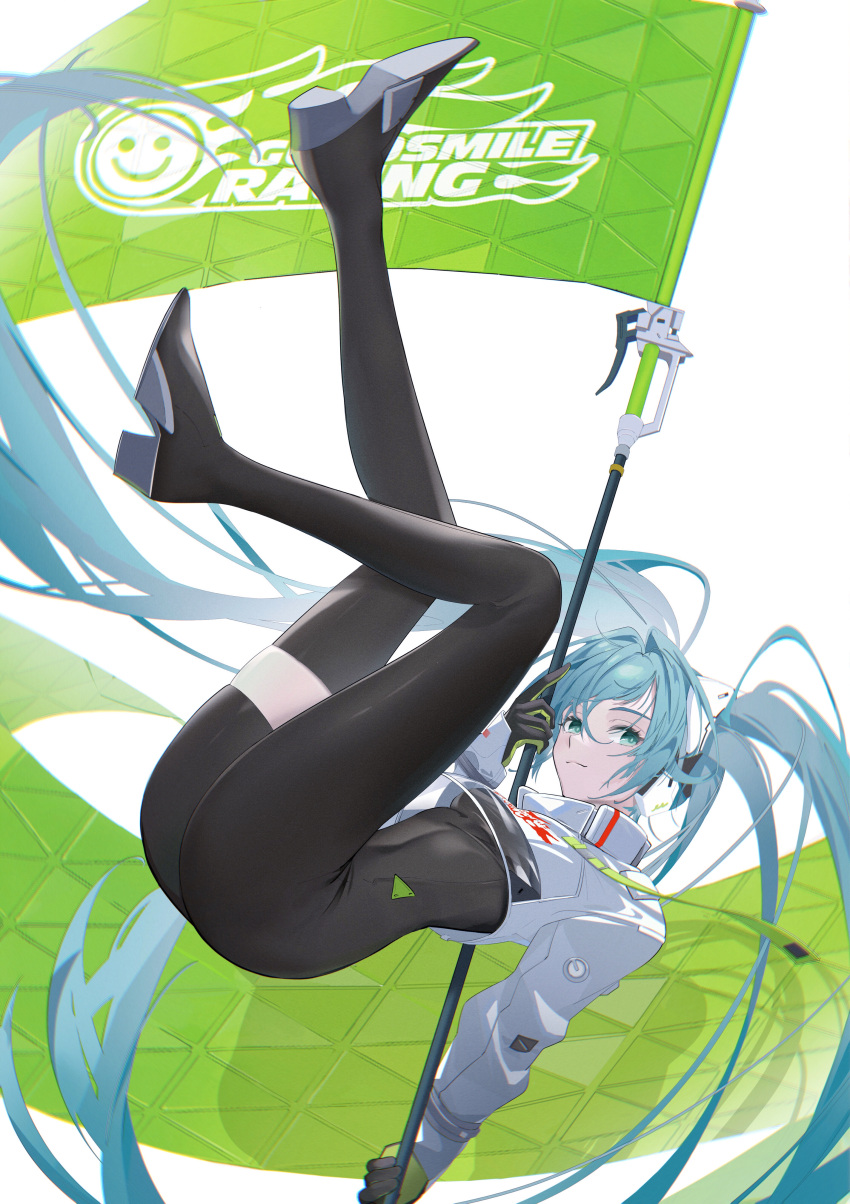 1girl absurdres aqua_eyes aqua_hair ass bangs black_bodysuit black_footwear black_gloves bodysuit boots breasts closed_mouth commentary covered_navel crop_top cropped_jacket eyebrows_visible_through_hair flag flagpole floating floating_hair full_body gloves goodsmile_racing hair_between_eyes hair_intakes hatsune_miku headgear highres holding holding_flag holding_pole igawa_(460180189) jacket long_hair long_sleeves looking_at_viewer medium_breasts pole racequeen racing_miku racing_miku_(2022) sidelocks simple_background single_thigh_boot skindentation smile solo thigh-highs thigh_boots twintails very_long_hair vocaloid white_background white_jacket