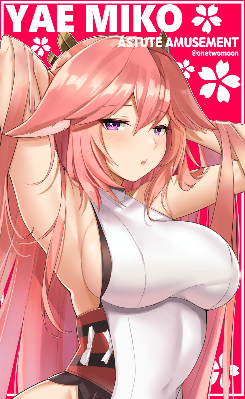 1girl absurdres animal_ears armpits arms_up bare_arms bare_shoulders breasts character_name floppy_ears fox_ears genshin_impact hair_ornament highres impossible_clothes japanese_clothes kimono large_breasts long_hair looking_at_viewer parted_lips pink_hair sideboob sleeveless sleeveless_kimono solo twomoon upper_body violet_eyes white_kimono yae_(genshin_impact)
