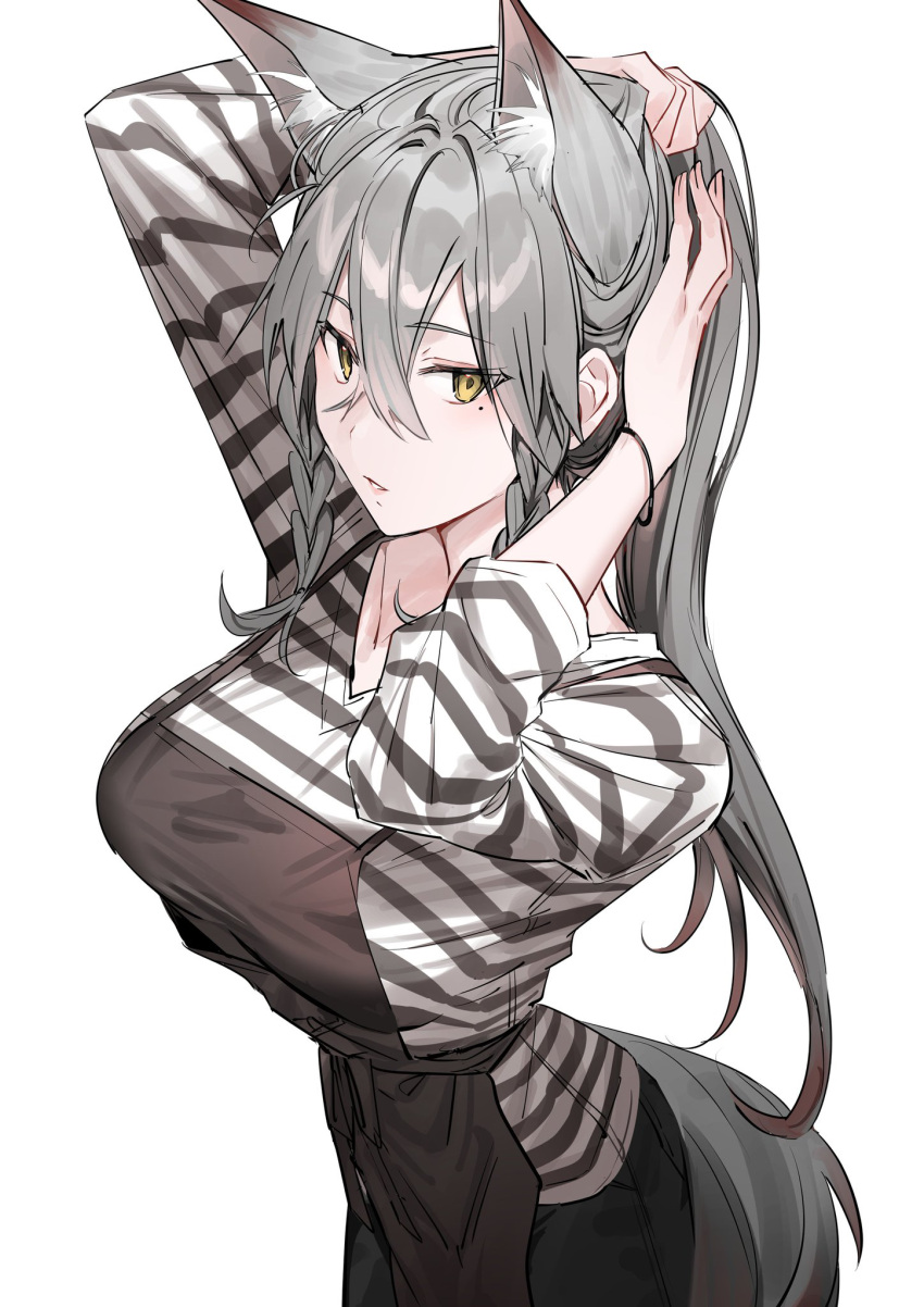 1girl animal_ears apron arms_up bangs black_apron braid breasts fox_ears fox_girl fox_tail grey_hair highres large_breasts long_hair long_sleeves looking_at_viewer mole mole_under_eye original parted_lips shirt simple_background solo striped striped_shirt tail twin_braids tying_hair white_background xretakex yellow_eyes
