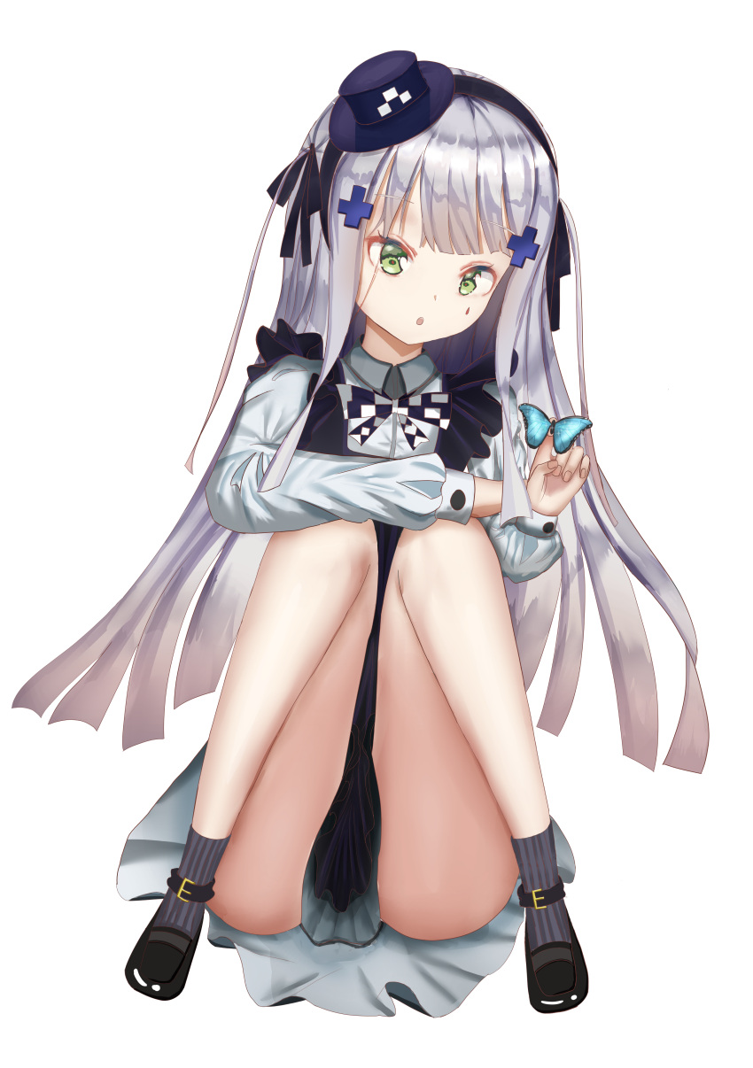 1girl :o absurdres bangs black_footwear bow bowtie bug butterfly butterfly_on_hand eyebrows_visible_through_hair full_body girls_frontline green_eyes hair_ornament hair_ribbon hairband hairclip hat highres hk416_(black_kitty's_gift)_(girls'_frontline) hk416_(girls'_frontline) light_blue_hair long_hair looking_down mini_hat on_floor open_mouth ribbon ryn_(rinorea) shirt shoes socks solo teardrop_facial_mark teardrop_tattoo white_background white_shirt