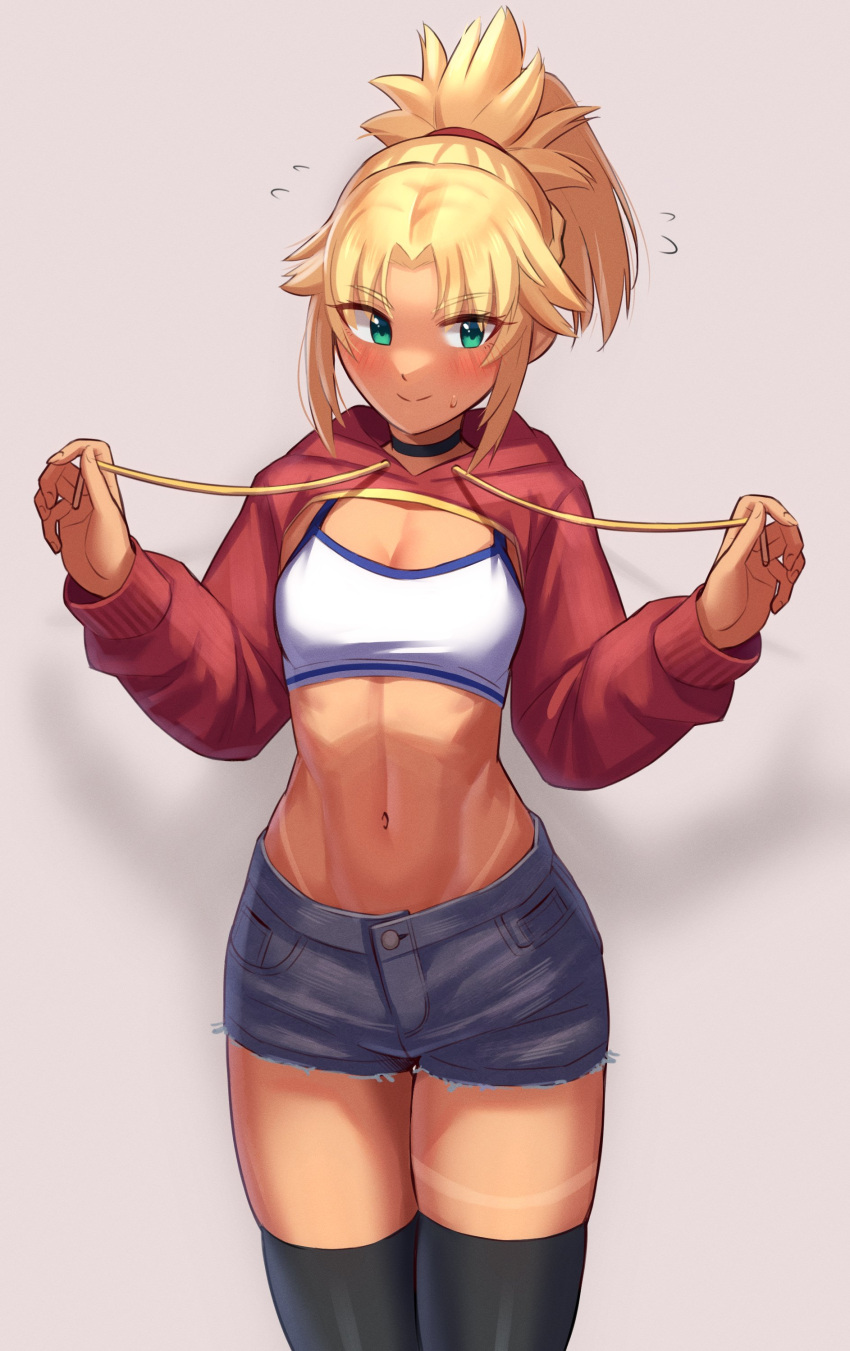 1girl absurdres blonde_hair blush breasts choker cowboy_shot denim denim_shorts eyebrows_visible_through_hair fate/apocrypha fate_(series) flying_sweatdrops green_eyes grey_background highres hood hood_down long_sleeves midriff mordred_(fate) navel ponytail shorts shrug_(clothing) simple_background small_breasts smile solo tan tanlines thigh-highs toin_(koto54576897)