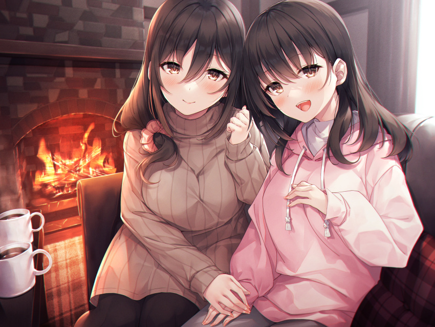2girls :d bangs blush breasts brown_hair brown_sweater closed_mouth coffee_mug commentary_request couch cup fireplace hair_between_eyes hair_ornament hair_scrunchie hand_on_another's_hand hand_on_own_thigh hasumi_(hasubatake39) highres hood hoodie indoors large_breasts long_hair long_sleeves looking_at_viewer mug multiple_girls on_couch original pantyhose pink_hoodie scrunchie sitting smile sweater