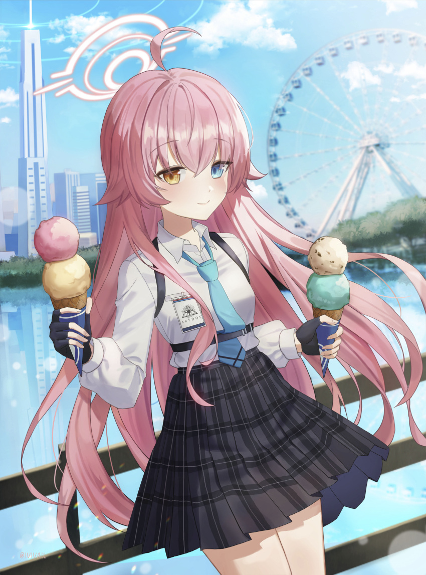 1girl absurdres ahoge bangs black_gloves black_skirt blue_archive blue_eyes blue_necktie blurry blurry_background blush breasts building city closed_mouth collared_shirt cowboy_shot embers eve_rochet fence ferris_wheel fingerless_gloves food gloves hair_between_eyes halo heterochromia highres holding holding_food hoshino_(blue_archive) ice_cream ice_cream_cone id_card long_hair long_sleeves looking_at_viewer loose_necktie necktie pink_hair plaid plaid_skirt pleated_skirt reflection shirt sidelocks skirt skyscraper small_breasts smile solo strap tree uniform water white_shirt yellow_eyes