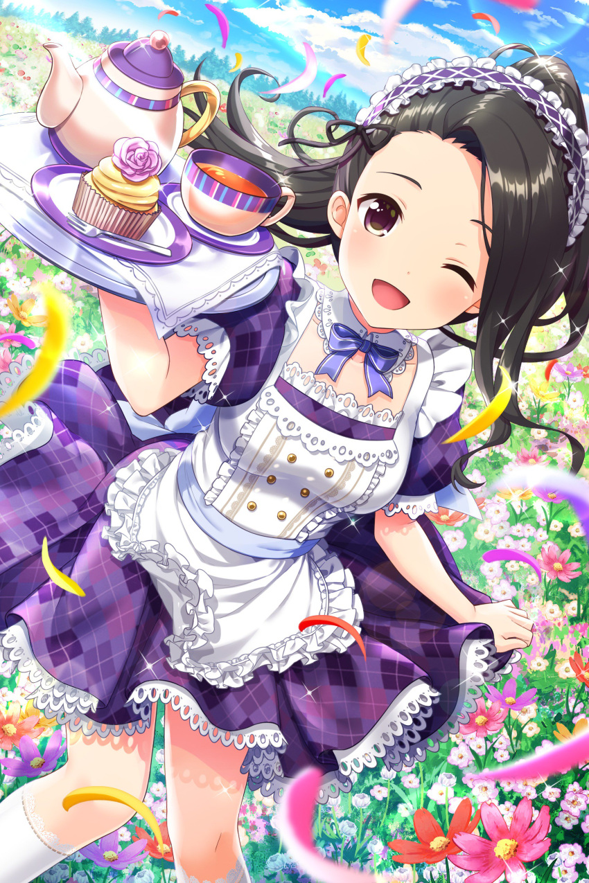 1girl absurdres alternative_girls apron black_hair dress field flower flower_field highres holding holding_plate long_hair looking_at_viewer maid maid_headdress official_art one_eye_closed open_mouth outdoors petals plate ponytail purple_dress saionji_rei smile solo teapot violet_eyes white_apron