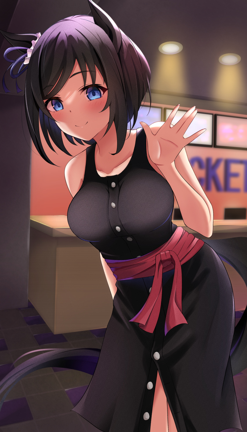 1girl absurdres alternate_costume animal_ears bangs bare_arms bare_shoulders black_dress black_hair blue_eyes blush breasts buttons ceiling_light closed_mouth commission counter dress eishin_flash_(umamusume) eyebrows_visible_through_hair hair_ornament hair_ribbon hair_scrunchie hand_up highres horse_ears horse_girl horse_tail indoors large_breasts leaning_forward looking_at_viewer monitor newon pixiv_request red_sash ribbon sash scrunchie short_hair sleeveless sleeveless_dress smile solo swept_bangs tail tile_floor tiles umamusume waving