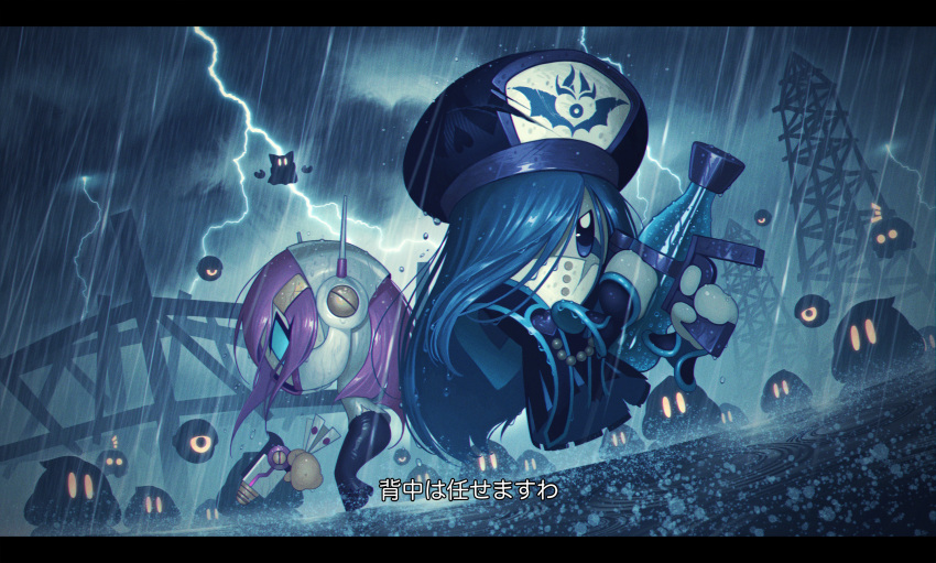 2girls 5health back-to-back beret blue_eyes blue_hair commentary_request disembodied_limb fighting_stance francisca_(kirby) gun hair_over_one_eye hat highres holding holding_weapon kirby_(series) lightning long_hair magolor multiple_girls partial_commentary pink_hair rain silhouette storm surrounded susie_(kirby) translation_request uniform waddle_dee water_gun weapon wet yellow_eyes