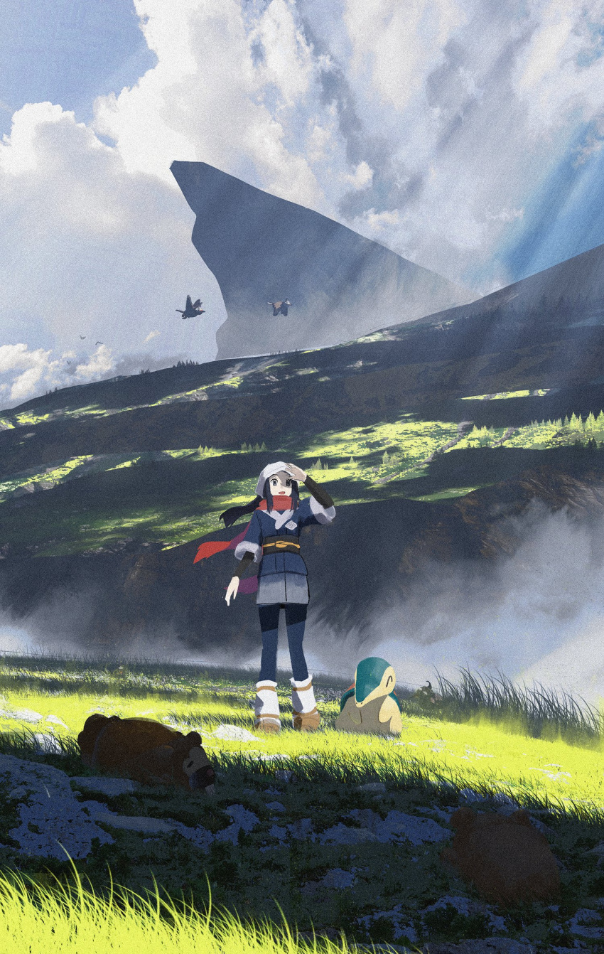 1girl :o akari_(pokemon) asteroid_ill bidoof blue_kimono bodysuit character_request clouds cyndaquil field floating_hair floating_scarf full_body galaxy_expedition_team_survey_corps_uniform grass head_scarf highres japanese_clothes kimono light_rays looking_afar mountain outdoors pokemon pokemon_(creature) pokemon_(game) pokemon_legends:_arceus red_scarf scarf scenery shade shading_eyes shadow