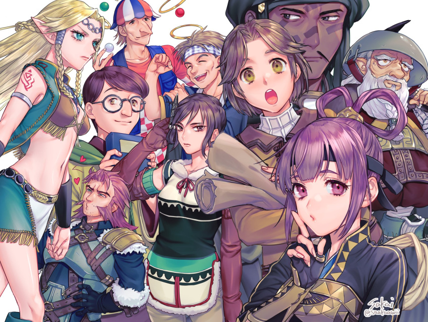 blonde_hair breasts character_request closed_mouth fingerless_gloves gensou_suikoden gensou_suikoden_iii gensou_suikoden_v glasses gloves hair_rings highres long_hair looking_at_viewer miakis_(gensou_suikoden) multiple_girls open_mouth purple_hair sakai_(motomei) short_hair simple_background violet_eyes white_background