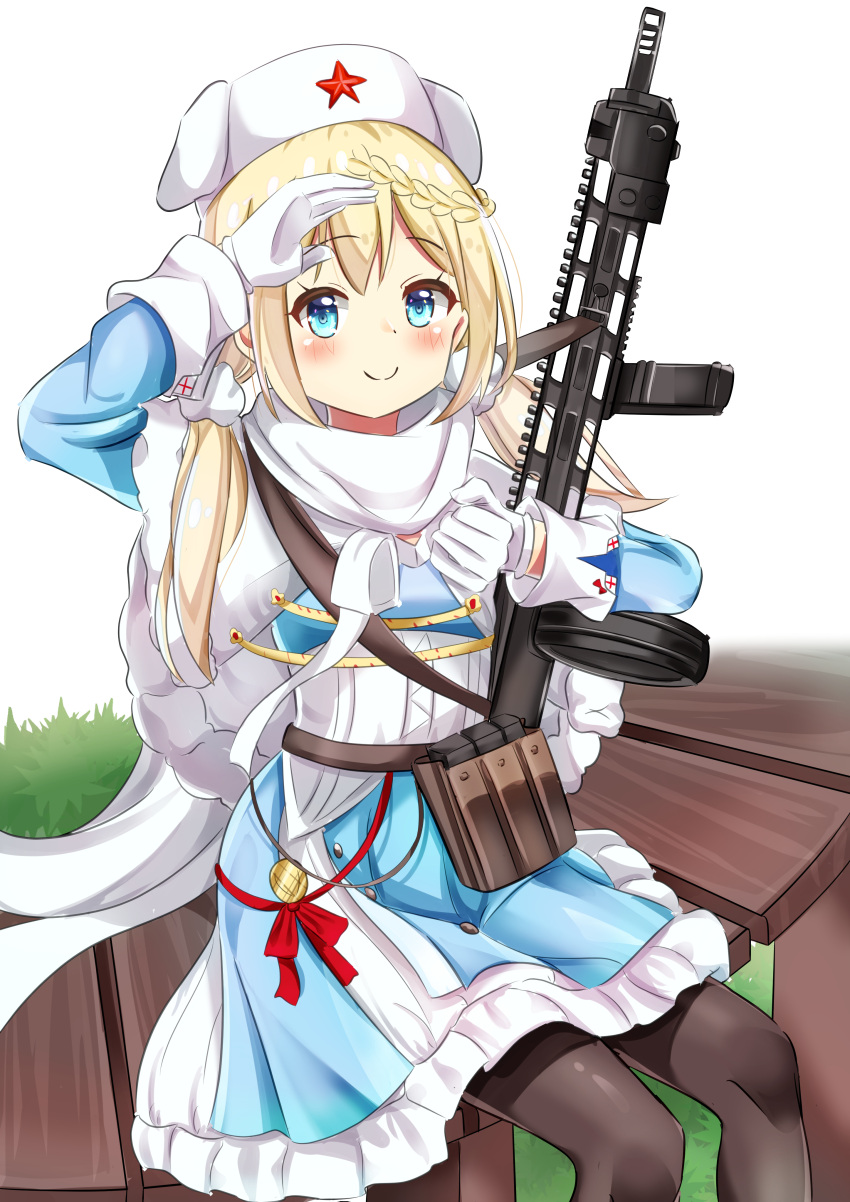 1girl absurdres ammunition_pouch bangs black_legwear blonde_hair blue_coat blue_eyes blush braid closed_mouth coat eyebrows_visible_through_hair feet_out_of_frame girls_frontline gloves gun hair_ornament hairclip highres holding holding_gun holding_weapon long_hair looking_at_viewer low_twintails mod3_(girls'_frontline) mutugorou_u pantyhose papakha pouch ppsh-41 ppsh-41_(girls'_frontline) red_star salute scarf sitting sitting_on_bench smile solo submachine_gun twintails weapon white_gloves white_headwear white_scarf
